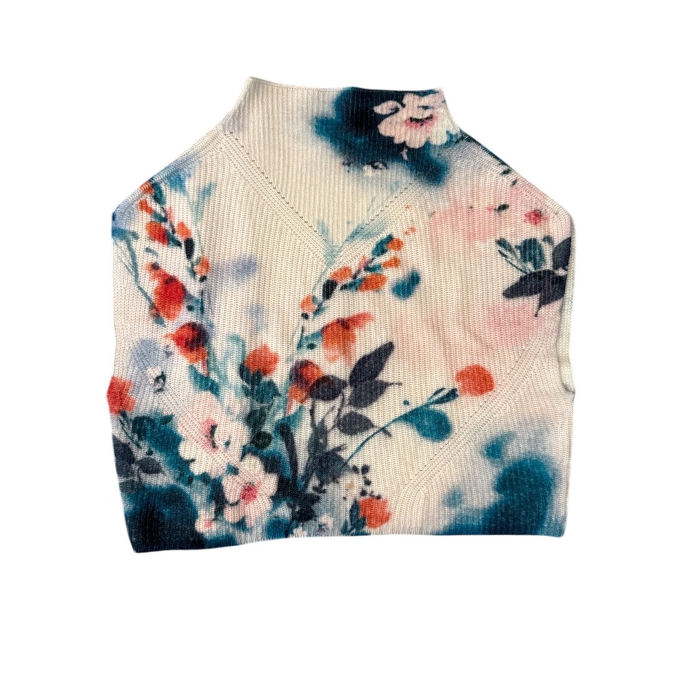Anthropologie 100% Cashmere Cream Floral Mock Neck Top